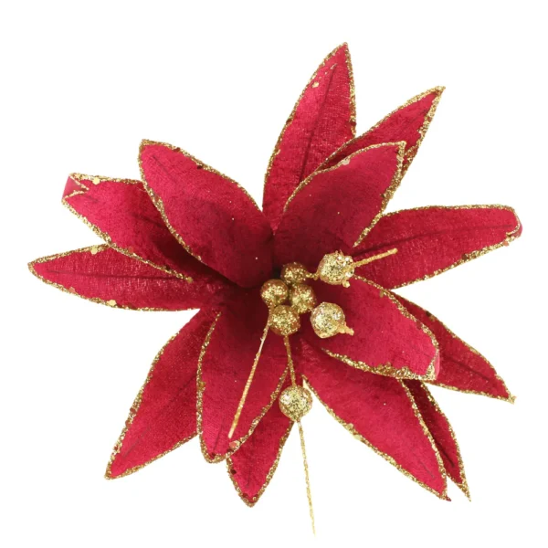 23cm Velvet Poinsettia Glittered with Clip