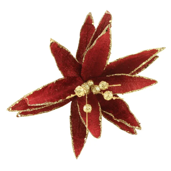 23cm Velvet Poinsettia Glittered with Clip